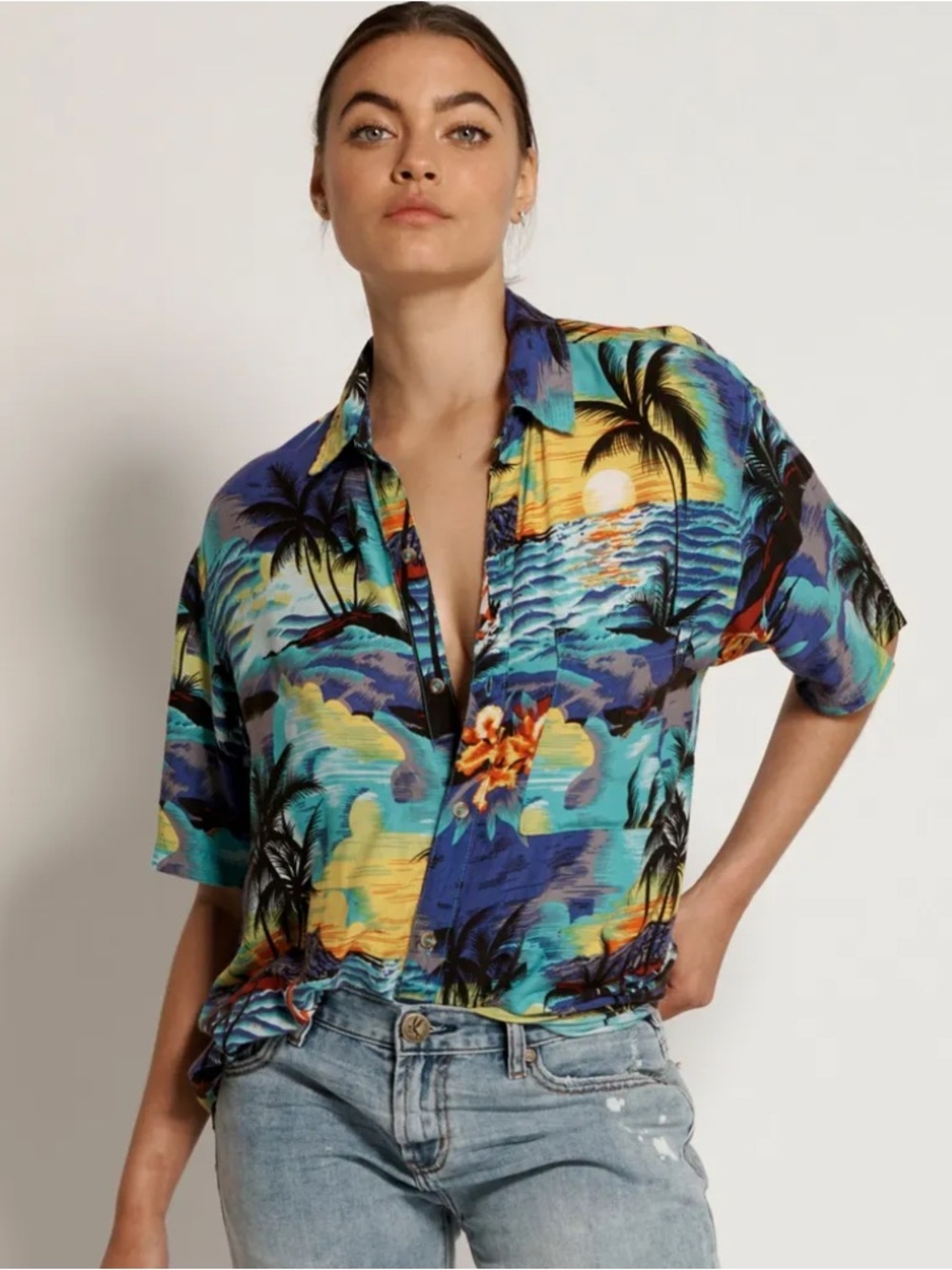 One Teaspoon Women’s  Tropical Print Button-Down Shirt - Blue, Yellow, Teal